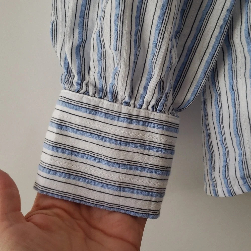 Loft Blouse Blue White Stripes Women  Long Sleeve Cottage Prairie Minimalist Lg - Picture 3 of 13